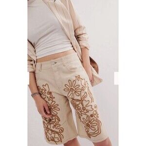 We The Free Cruisin' Soutache Long Shorts Women 30 Beige Embroidery Floral Denim